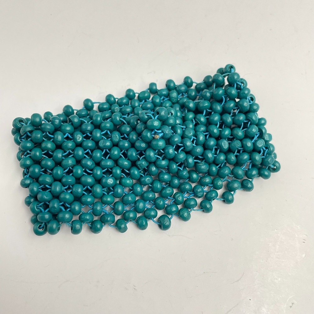 Vintage 90s Teal Blue Bead Wide Cuff Bracelet Boho Handmade Mesh Fashion Jewelry